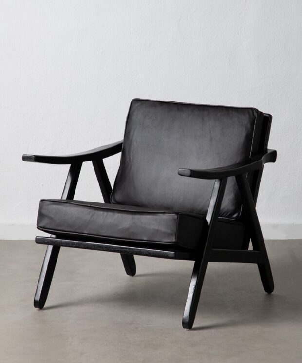 Sillón negro madera teca-piel salón 70 x 75 x 70 cm